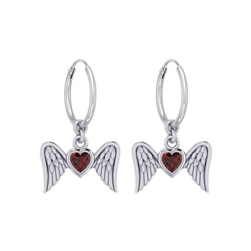 Gemstone Heart and Flying Angel Wings Silver Hoop Earrings TER2103 - Jewelry